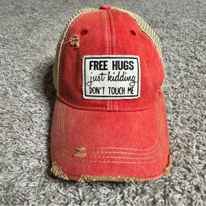 Funny Hat “Free Hugs Just Kidding Don’t Touch Me” Red and Tan Women’s Cap